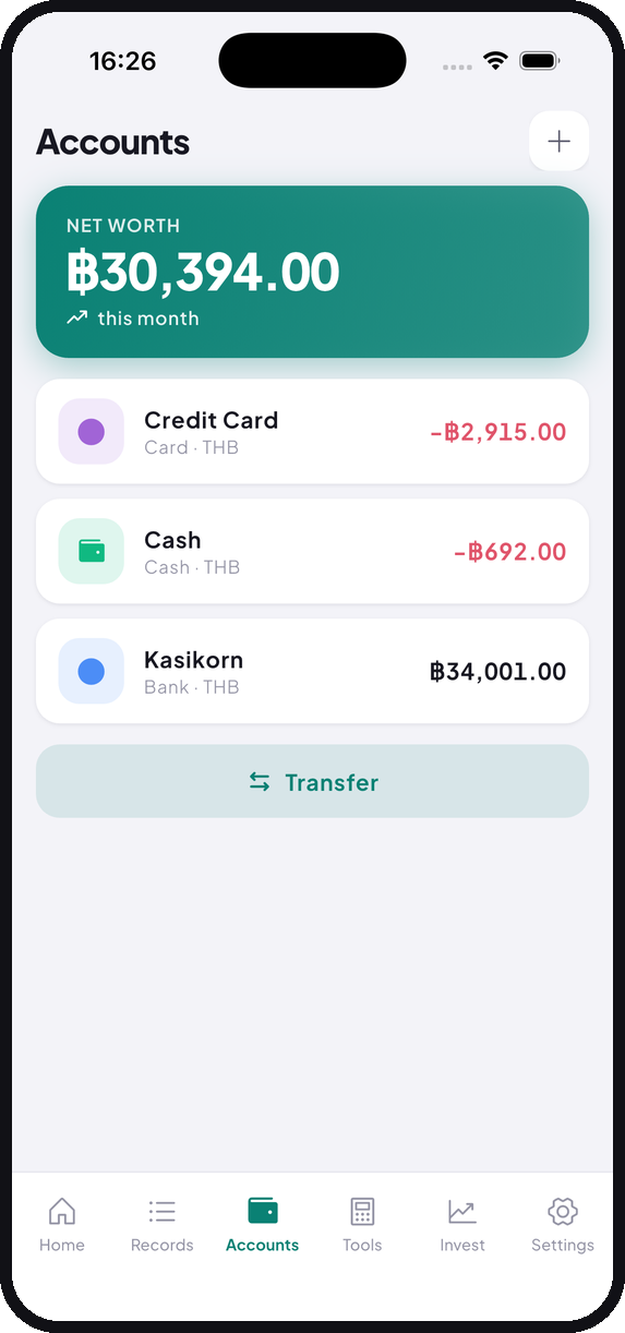 One account per real-world pot, totalled at the top.