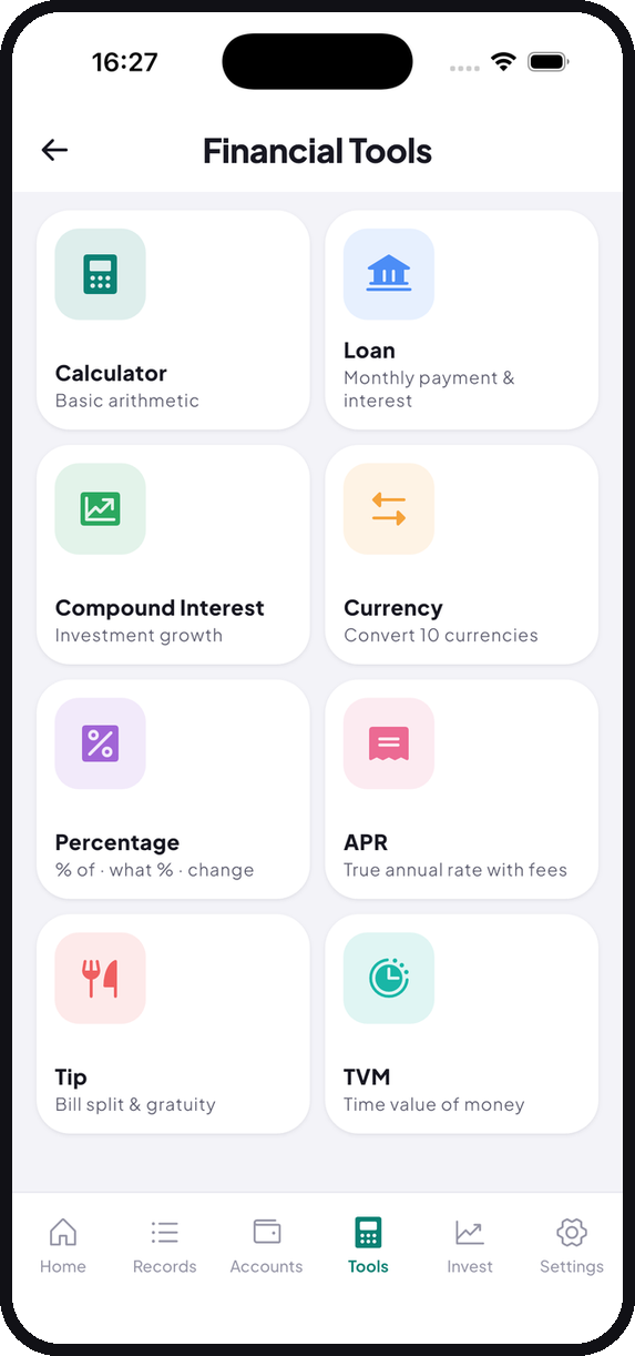 All eight tools, one tap from the bottom bar.